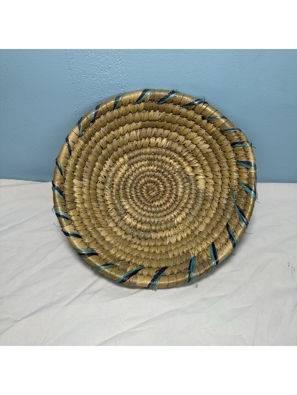 Vintage Round Coiled Grass Basket Hand Woven Decorative Bowl Boho Wall Decor